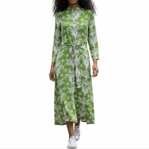 Zara Lilou Midi Dress Size S Green White Tropical Floral Belted Flowy Viscose